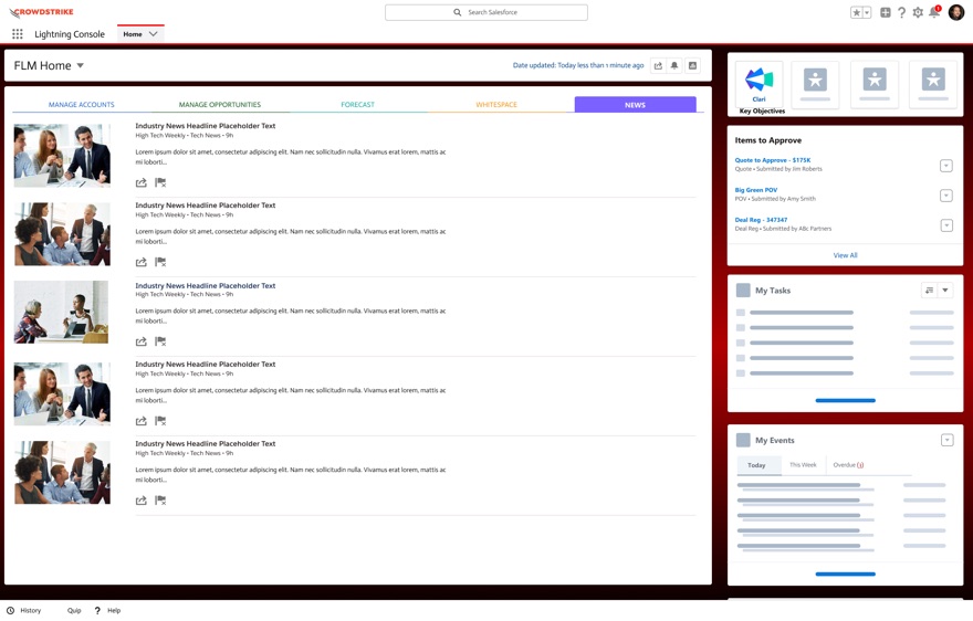 Industry news feed inside the same console shell, showing article cards with thumbnails, source and timestamp, with the filter bar removed entirely.