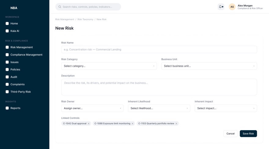New risk intake form capturing risk title, category, owner, review cadence and description.