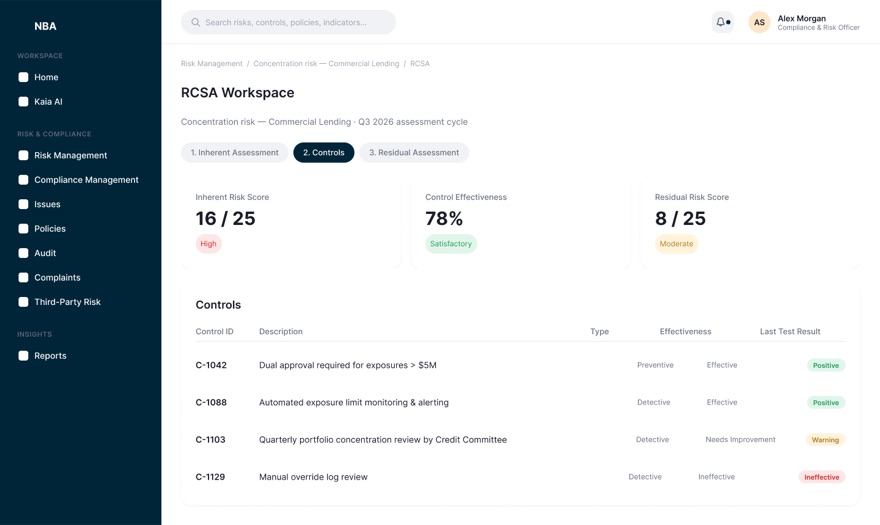 RCSA workspace showing a three-step assessment, inherent risk score 16 of 25, control effectiveness 78 percent, residual score 8 of 25, and a table of controls with effectiveness ratings.