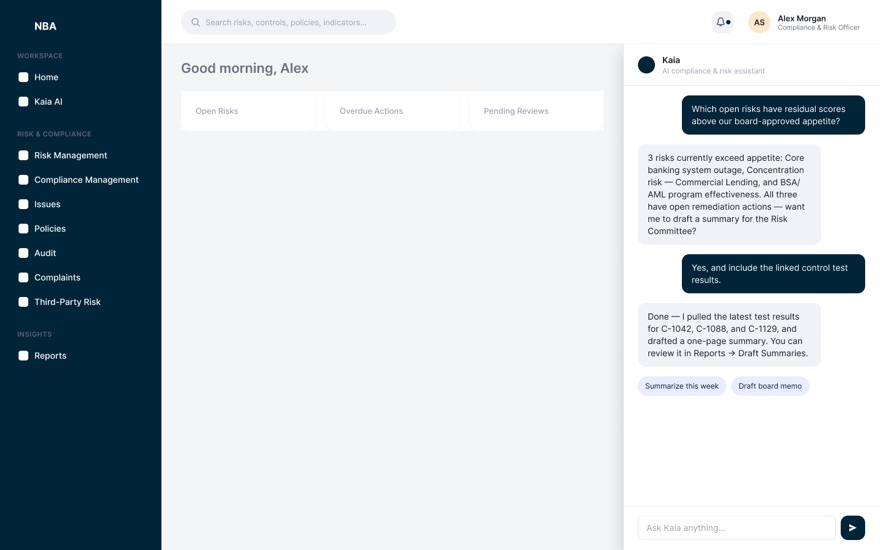 AI assistant side panel answering a question about risks above appetite, naming three specific risks, citing control identifiers and offering to draft a committee summary.