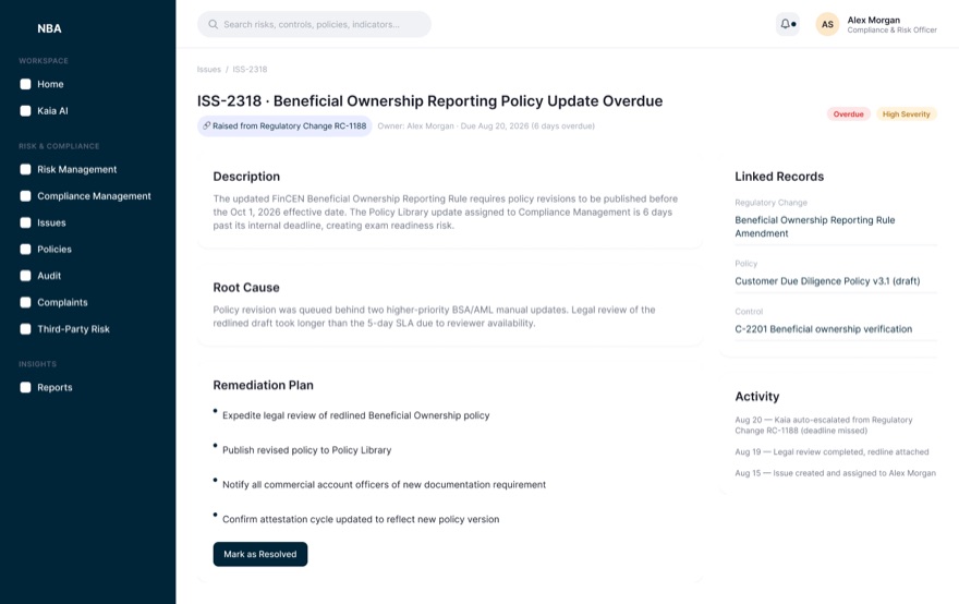 Issue detail page showing an overdue high-severity issue with description, root cause, remediation plan, linked regulatory change, policy and control records, and a dated activity timeline.