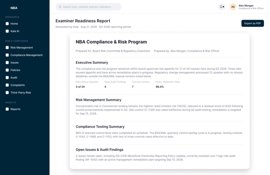 Examiner readiness report with an executive summary, headline metrics for risks above appetite and policy attestation rate, and sections summarising risk management, compliance testing and open issues.