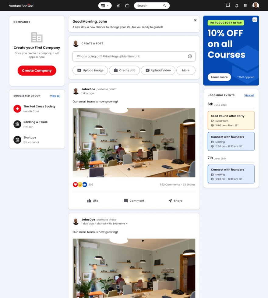 Community home feed with a left rail prompting the member to create their first company, a post composer and feed in the centre, and upcoming events in the right rail.