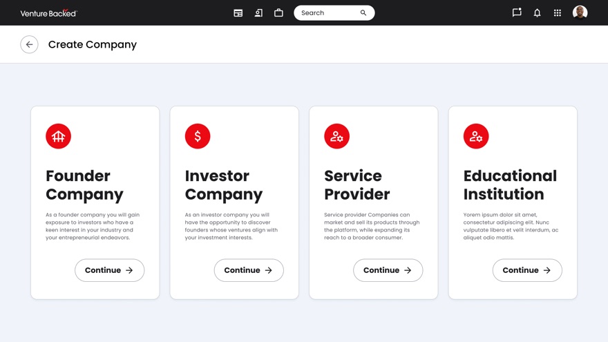 Create Company screen offering four role cards — founder company, investor company, service provider and educational institution — each with an icon, a short benefit description and a continue button.