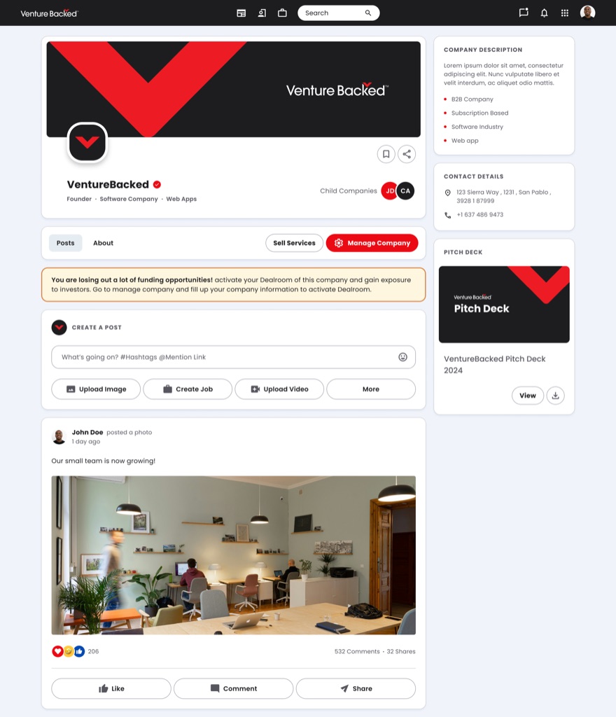 Founder company profile with a cover banner, verified company name, sector descriptors, an amber prompt to activate the dealroom, a post composer and feed, plus company description, contact details and a pitch deck card.