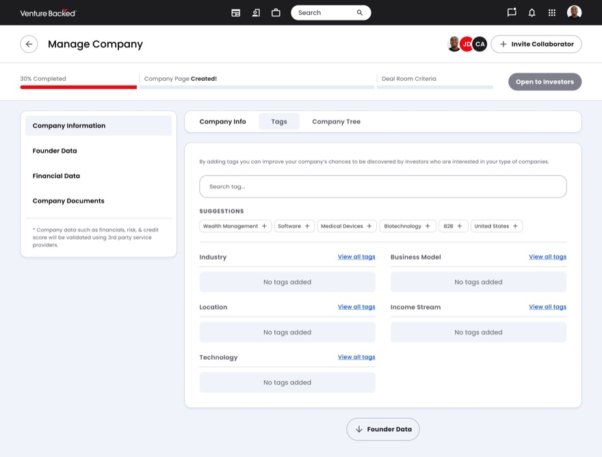 Tagging screen explaining that tags improve discoverability by investors, with a search field, suggested tag chips, and empty category groups for industry, business model, location, income stream and technology.
